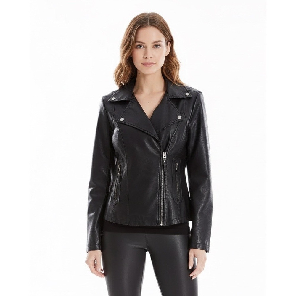 Max Studio Womens Black Faux Leather Moto Biker Jacket Full Zip Collared Large